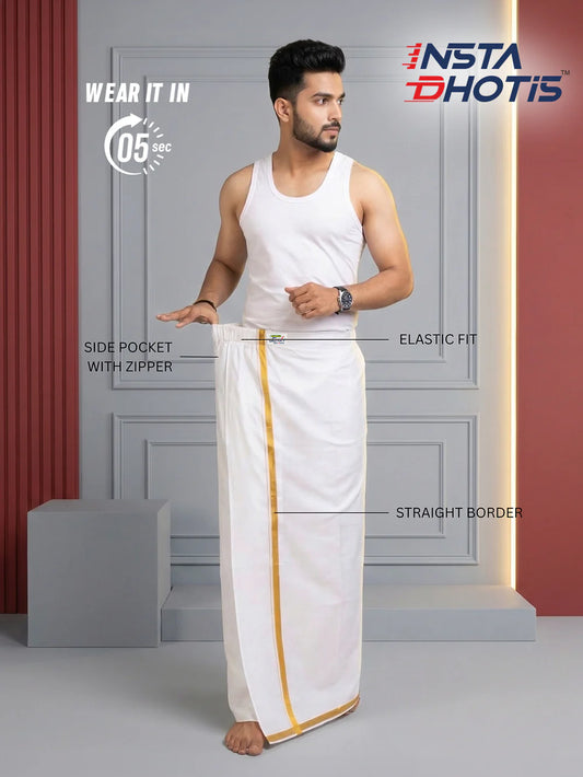 Dhoti de elástico algodão - Branco com listra dourada