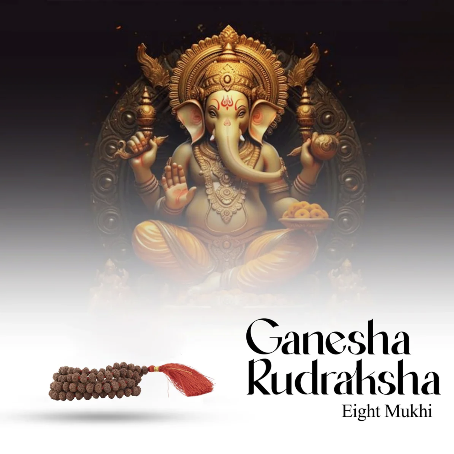 Mala de Rudraksha 8 Mukhi - Colar 108 Contas Ganesha para Prosperidade e Remoção de Obstáculos