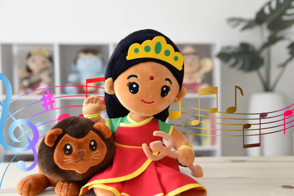Durga com leão de Pelúcia com Mantras