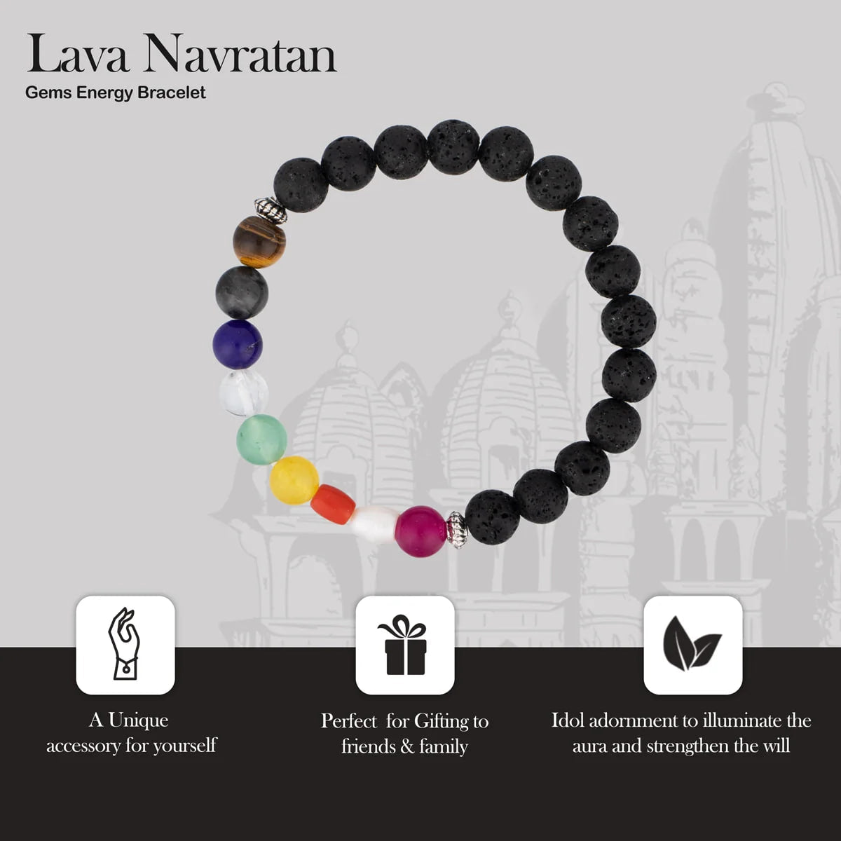 Pulseira Navaratna com Pedra Lava — Os Nove Gemas Divinas