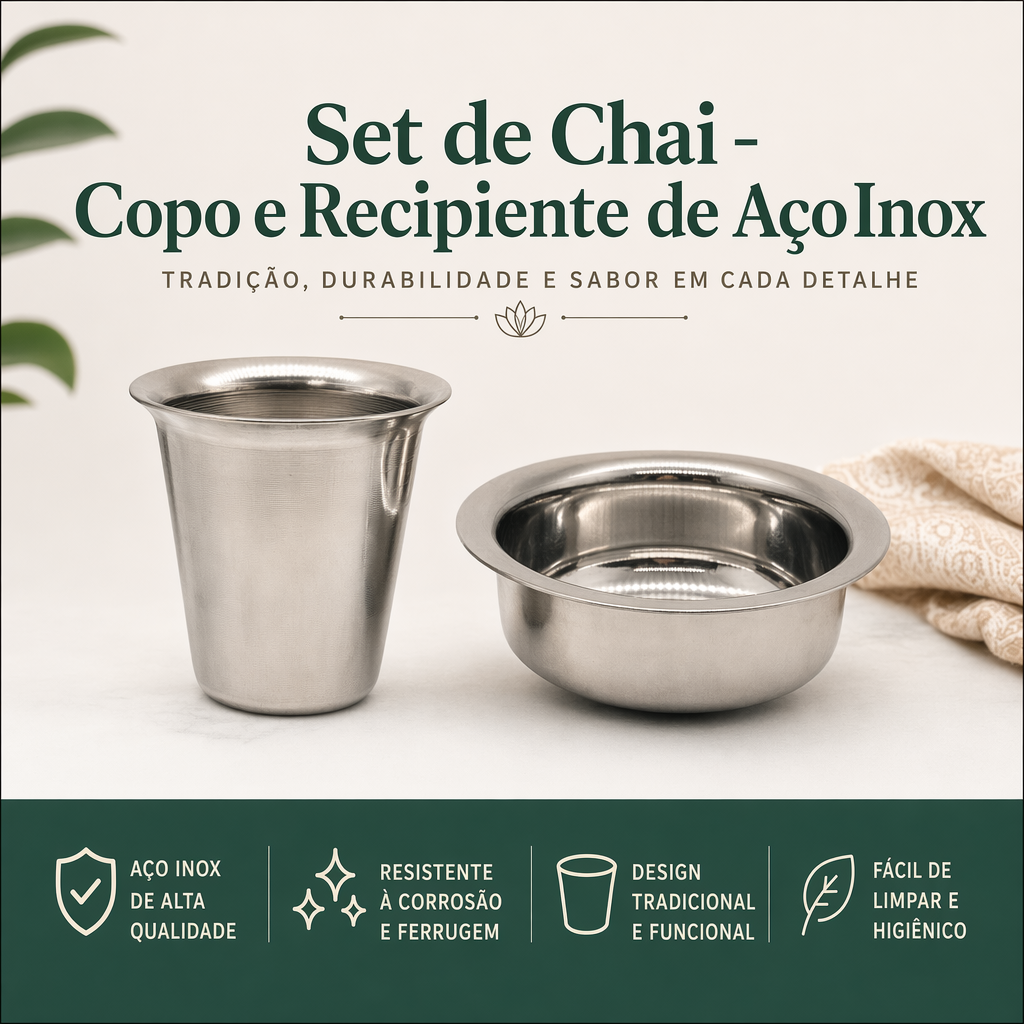Set de Chai em Aço Inox – Copo e Recipiente Tradicional Indiano
