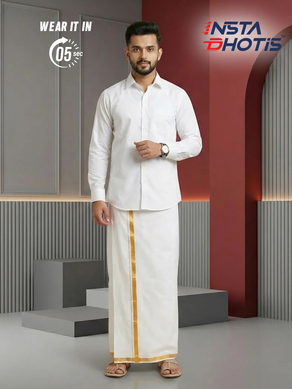 Dhoti de elástico algodão - Branco com listra dourada