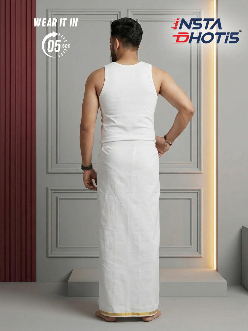 Dhoti de elástico algodão - Branco com listra dourada