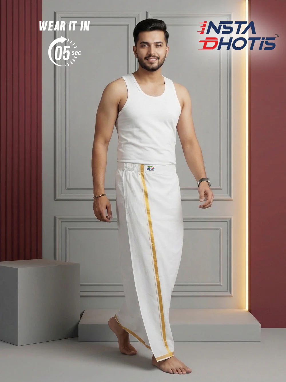 Dhoti de elástico algodão - Branco com listra dourada