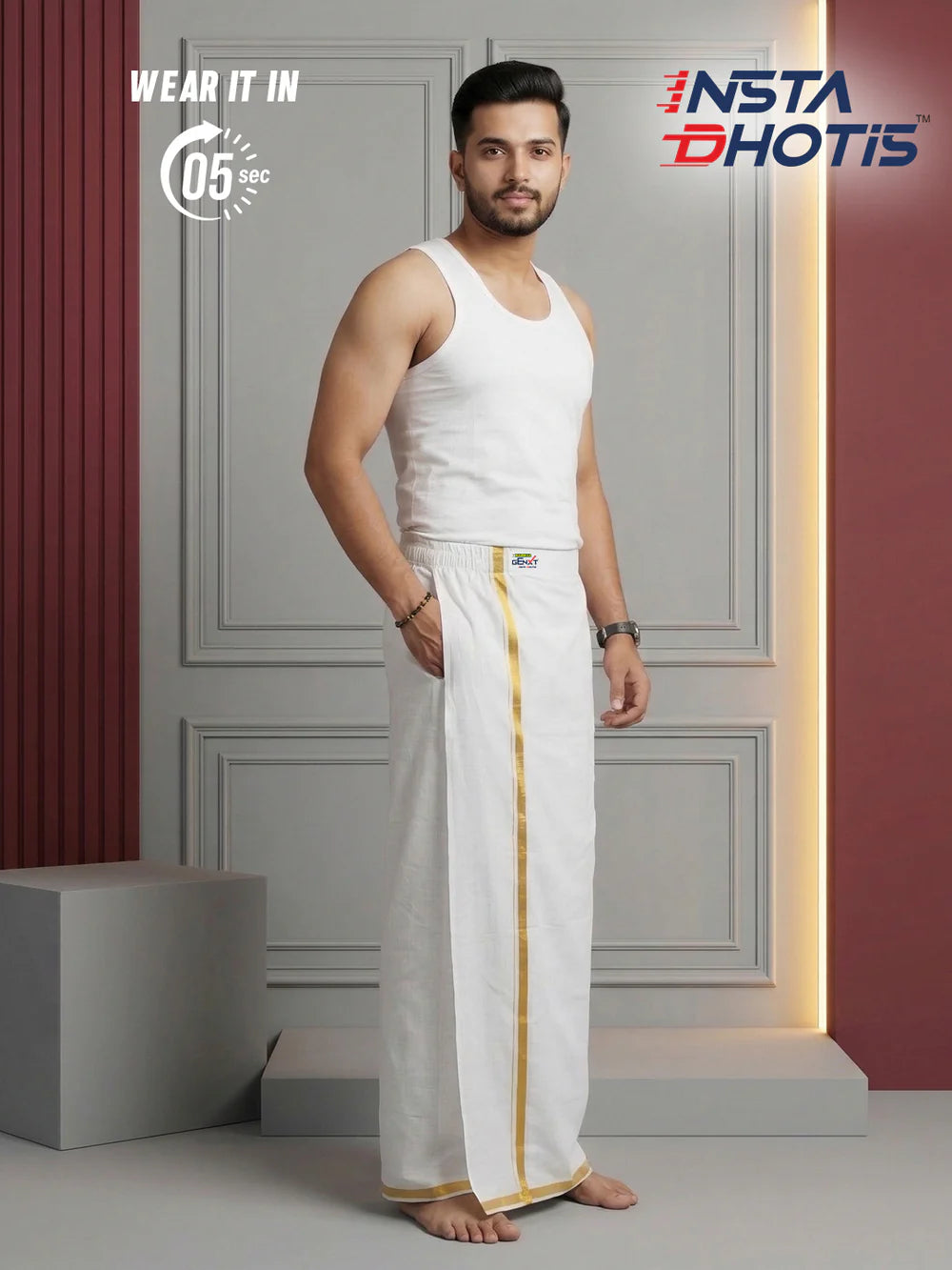 Dhoti de elástico algodão - Branco com listra dourada