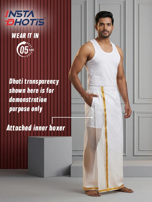 Dhoti de elástico algodão - Branco com listra dourada