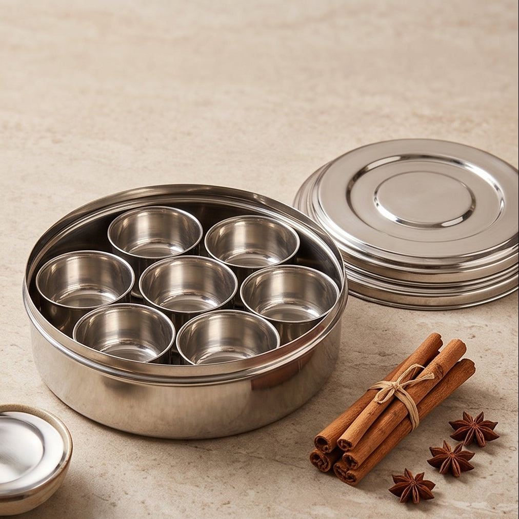 Caixa de Especiarias Indiana em Aço Inox com 7 Potes – Masala Dabba (Sri Nakoda)