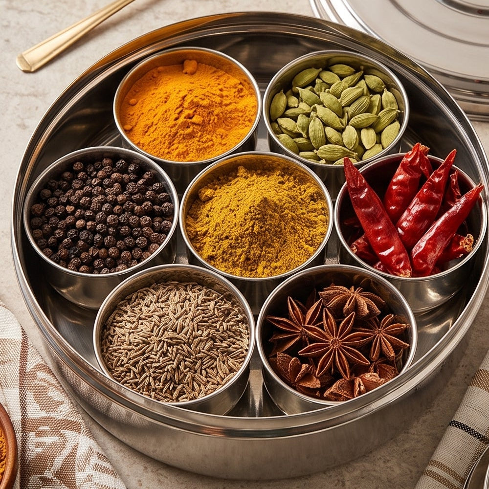 Caixa de Especiarias Indiana em Aço Inox com 7 Potes – Masala Dabba (Sri Nakoda)