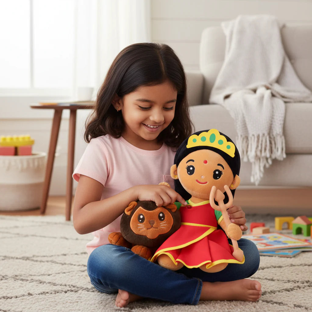 Durga com leão de Pelúcia com Mantras